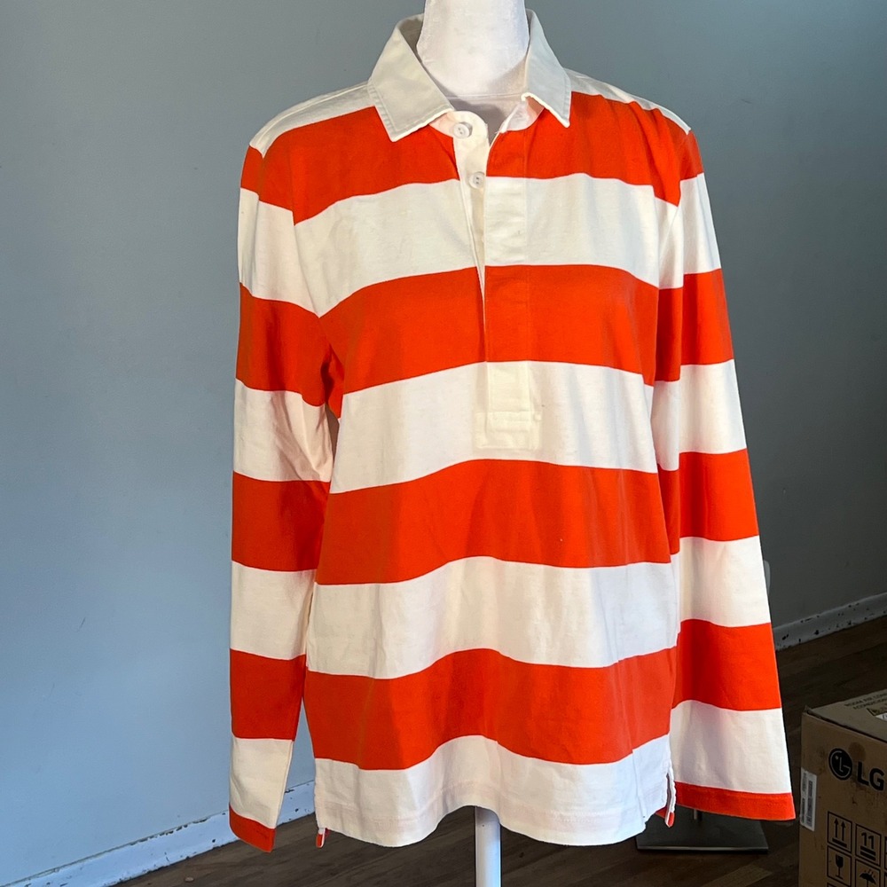 J.Crew Womens Orange White Striped Long Sleeve Rugby Polo Shirt Size M Cotton